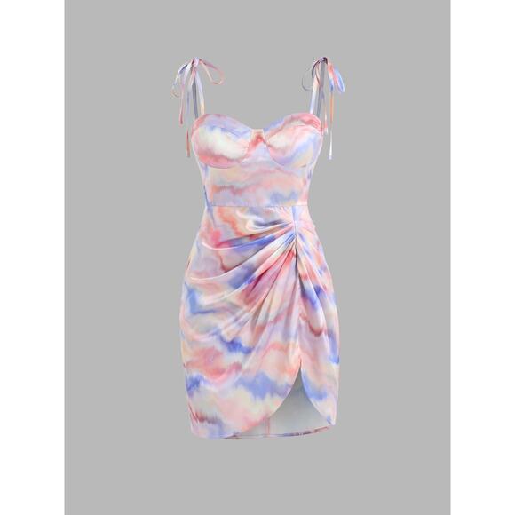 NWT Cider Pastel Satin Tie Dye Bustier Corset Slit Shirred Mini Dress SZ XL - Picture 1 of 10